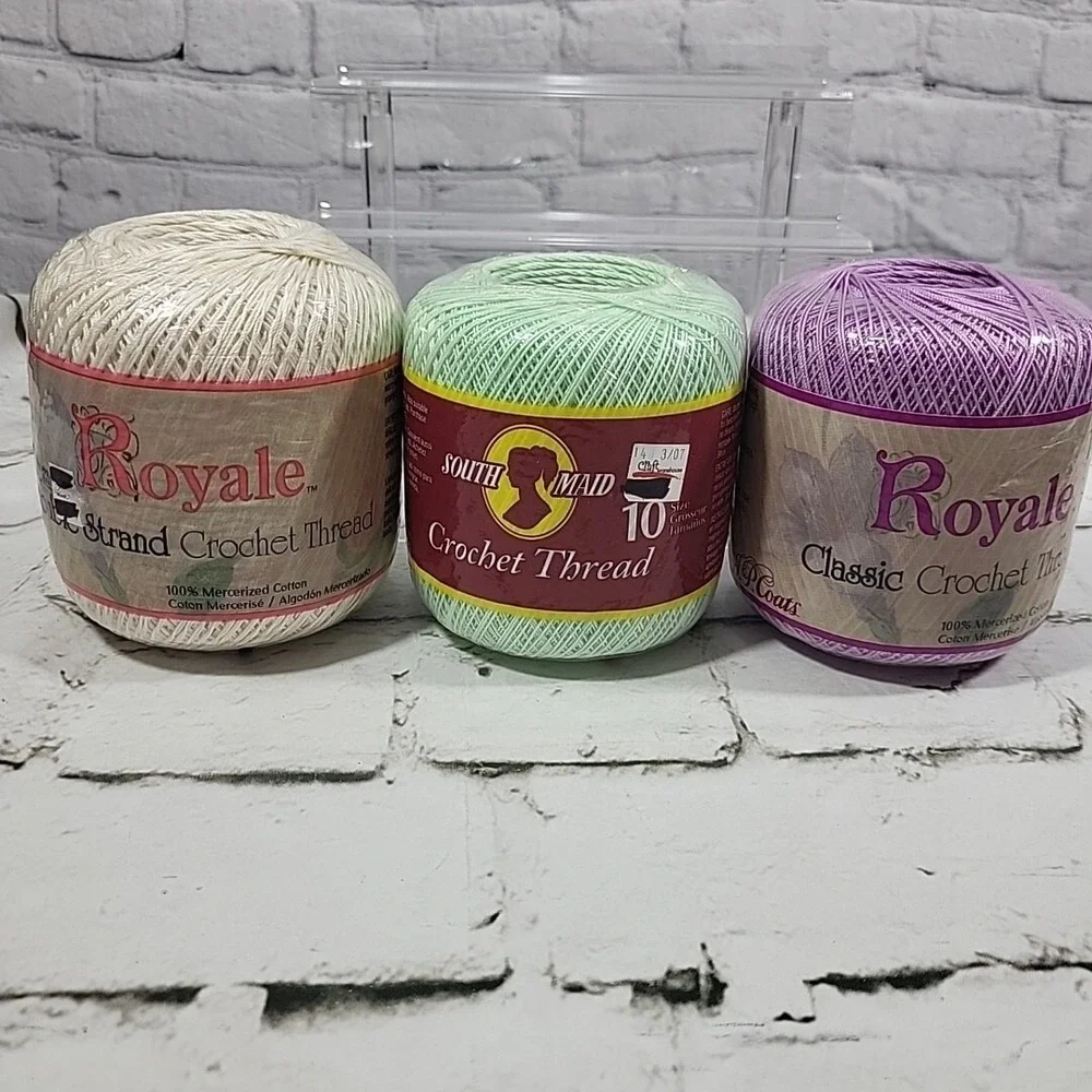 Royale Crochet Thread‎ Lot Of 3 Spools Natural White Violet Mint Green New